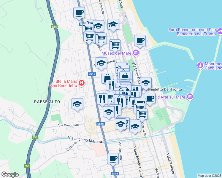 map of restaurants, bars, coffee shops, grocery stores, and more near 44 Via Vittorio Veneto in San Benedetto del Tronto