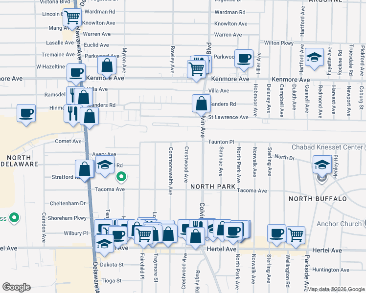 map of restaurants, bars, coffee shops, grocery stores, and more near 324 Crestwood Avenue in Buffalo
