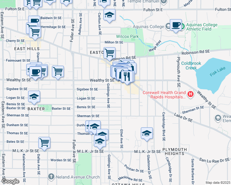 map of restaurants, bars, coffee shops, grocery stores, and more near 1425 Logan Street Southeast in Grand Rapids