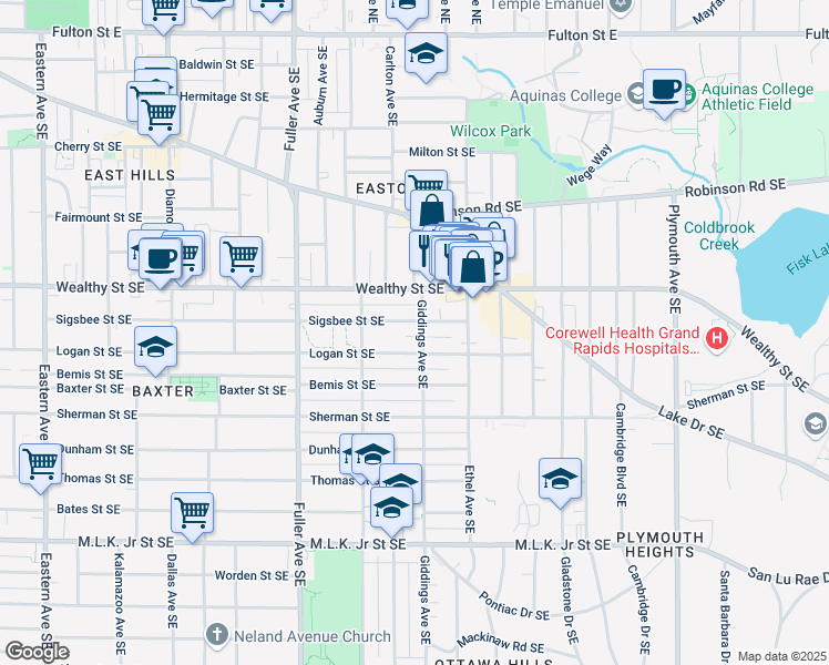 map of restaurants, bars, coffee shops, grocery stores, and more near 1351 Logan Street Southeast in Grand Rapids