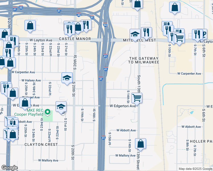 map of restaurants, bars, coffee shops, grocery stores, and more near 4945 South 16th Street in Milwaukee