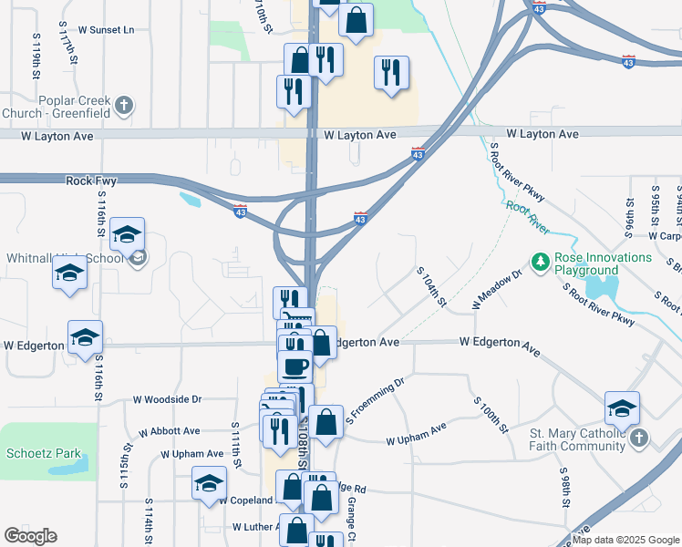 map of restaurants, bars, coffee shops, grocery stores, and more near 5000 South 107th Street in Greenfield