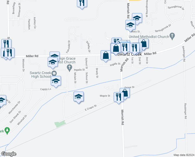 map of restaurants, bars, coffee shops, grocery stores, and more near 5075 Brady Street in Swartz Creek