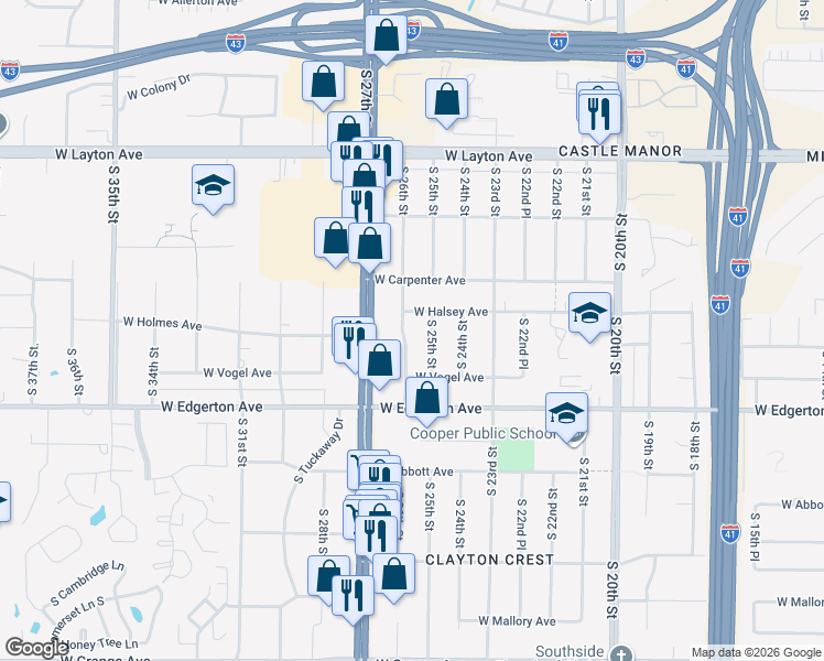 map of restaurants, bars, coffee shops, grocery stores, and more near 4985 South 25th Street in Milwaukee