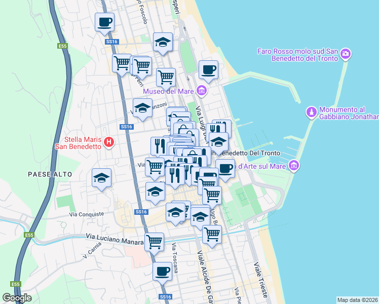 map of restaurants, bars, coffee shops, grocery stores, and more near 106 Via Roma in San Benedetto del Tronto