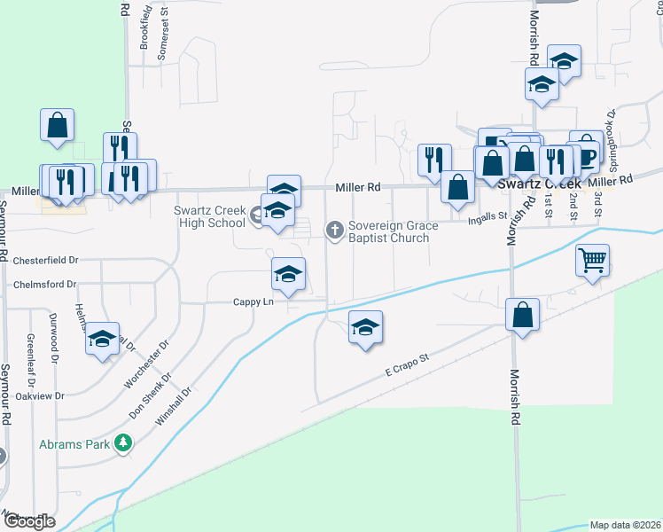 map of restaurants, bars, coffee shops, grocery stores, and more near 5093 Fairchild Street in Swartz Creek