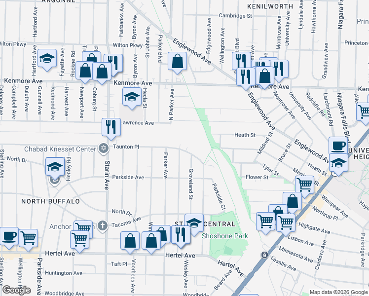 map of restaurants, bars, coffee shops, grocery stores, and more near 726 Taunton Place in Buffalo