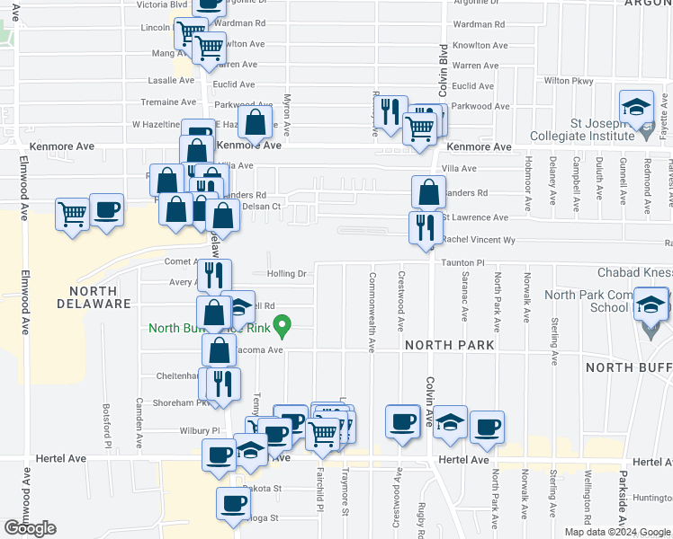 map of restaurants, bars, coffee shops, grocery stores, and more near 236 Lovering Avenue in Buffalo