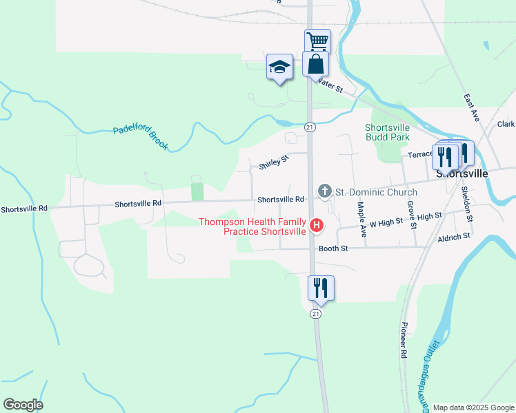 map of restaurants, bars, coffee shops, grocery stores, and more near 129 West Main Street in Shortsville