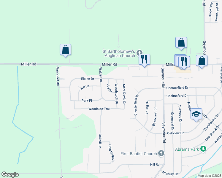 map of restaurants, bars, coffee shops, grocery stores, and more near 5104 Woodstock Drive in Swartz Creek