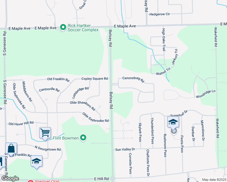 map of restaurants, bars, coffee shops, grocery stores, and more near 5239 Belsay Road in Grand Blanc