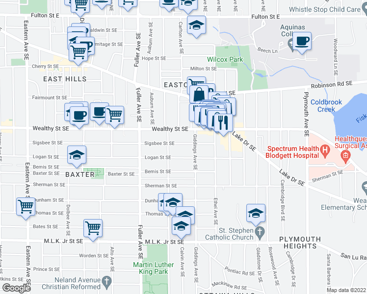 map of restaurants, bars, coffee shops, grocery stores, and more near 1334 Sigsbee Street Southeast in Grand Rapids