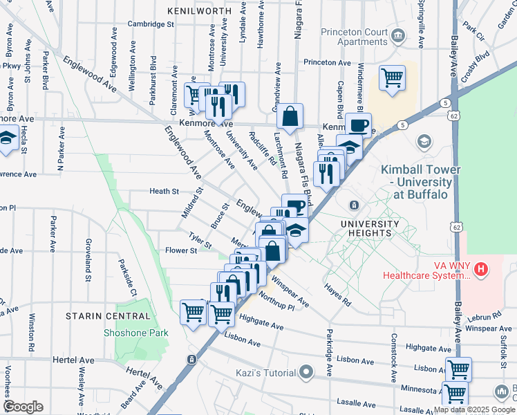 map of restaurants, bars, coffee shops, grocery stores, and more near 78 Englewood Avenue in Buffalo