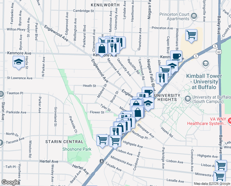 map of restaurants, bars, coffee shops, grocery stores, and more near 108 Heath Street in Buffalo