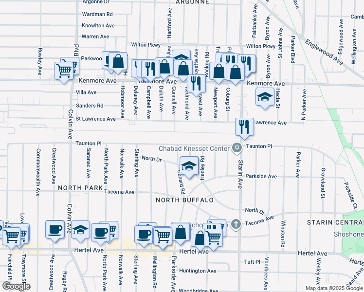 map of restaurants, bars, coffee shops, grocery stores, and more near 111 Cunard Road in Buffalo