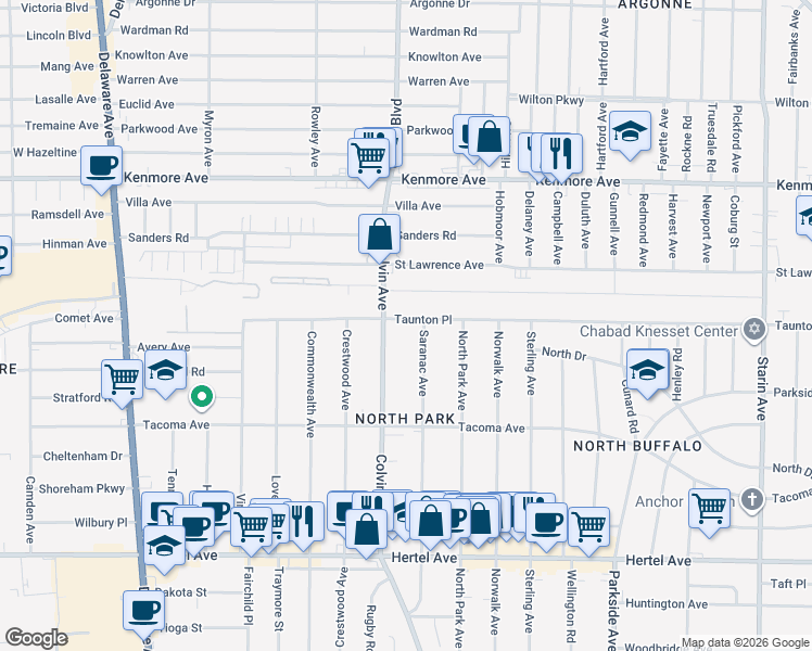 map of restaurants, bars, coffee shops, grocery stores, and more near 294 Saranac Avenue in Buffalo
