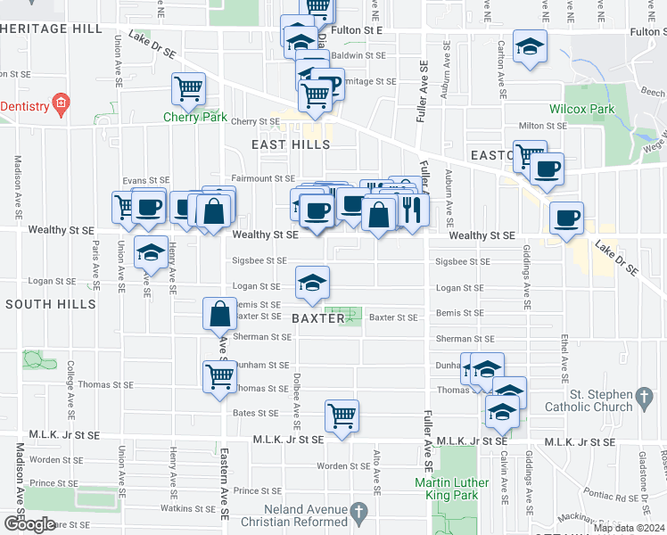 map of restaurants, bars, coffee shops, grocery stores, and more near 1011 Logan Street Southeast in Grand Rapids