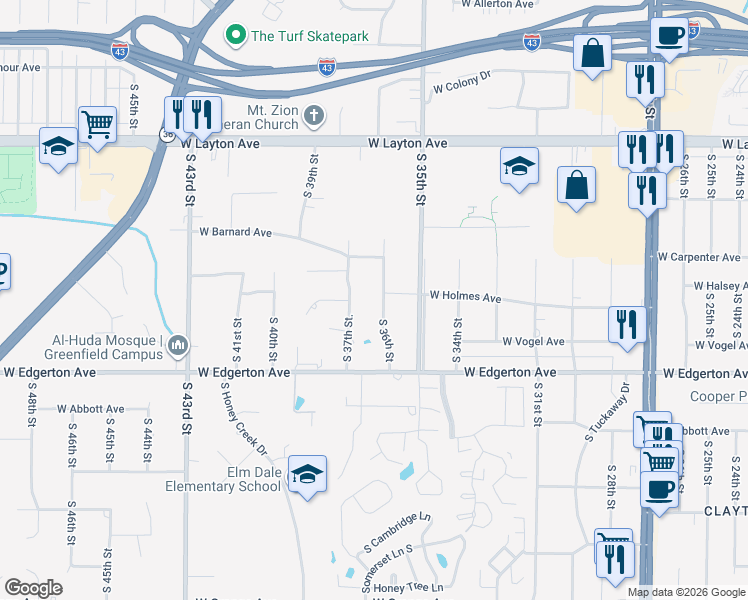 map of restaurants, bars, coffee shops, grocery stores, and more near 5006 South 36th Street in Greenfield