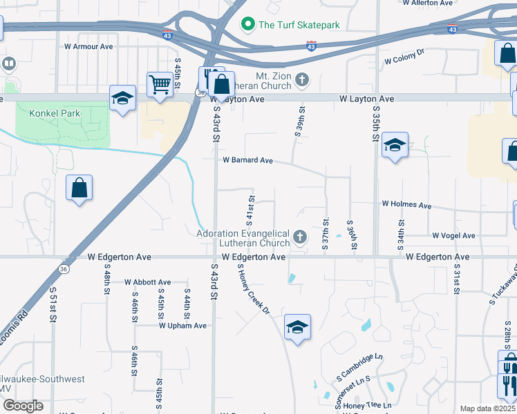 map of restaurants, bars, coffee shops, grocery stores, and more near 5004 South 41st Street in Greenfield