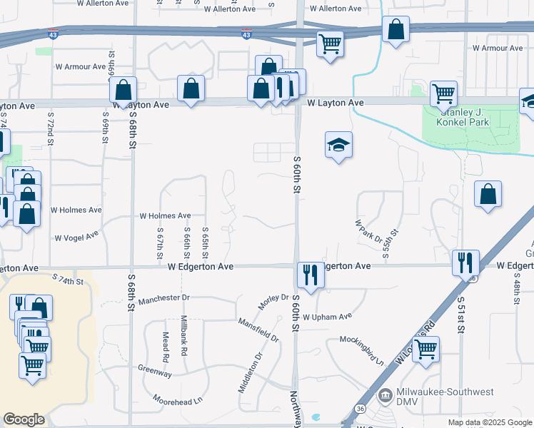 map of restaurants, bars, coffee shops, grocery stores, and more near 6100 Stonehedge Drive in Greenfield