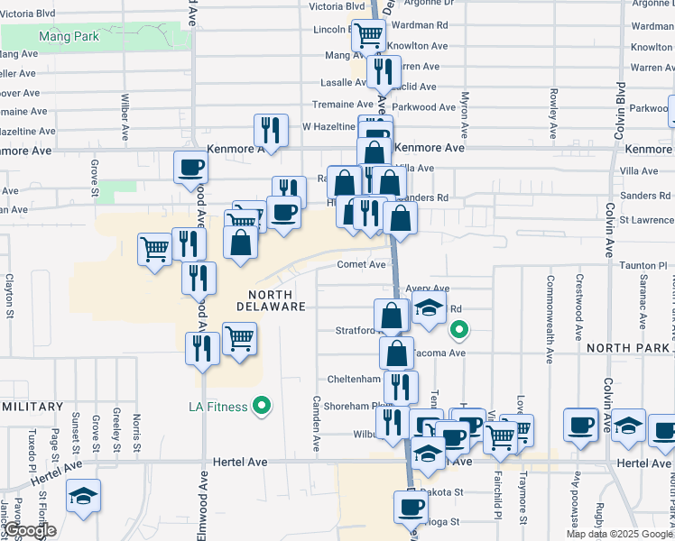 map of restaurants, bars, coffee shops, grocery stores, and more near 163 Avery Avenue in Buffalo