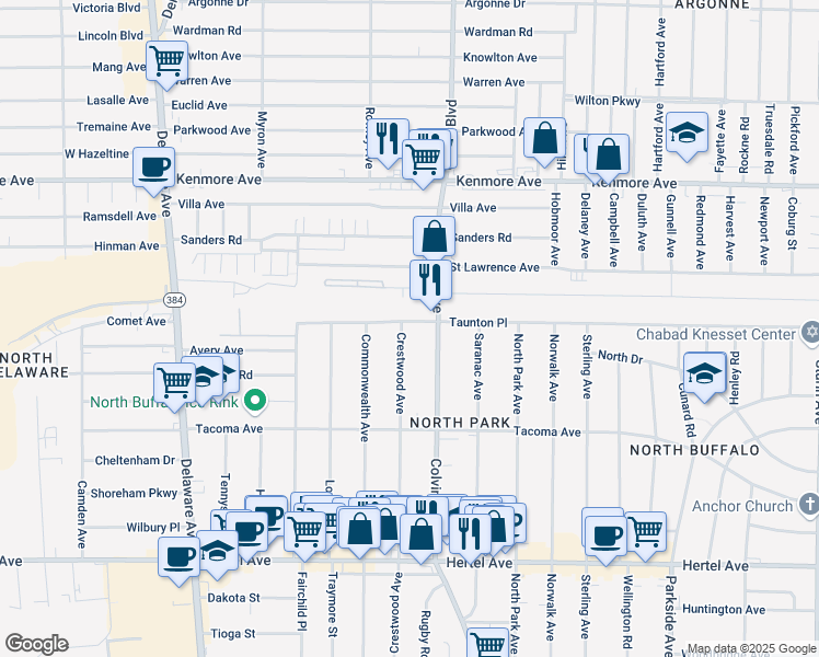 map of restaurants, bars, coffee shops, grocery stores, and more near 341 Crestwood Avenue in Buffalo