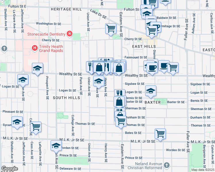 map of restaurants, bars, coffee shops, grocery stores, and more near 440 Henry Avenue Southeast in Grand Rapids