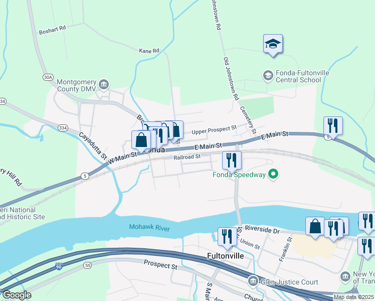 map of restaurants, bars, coffee shops, grocery stores, and more near 8 Highway 5 in Fonda