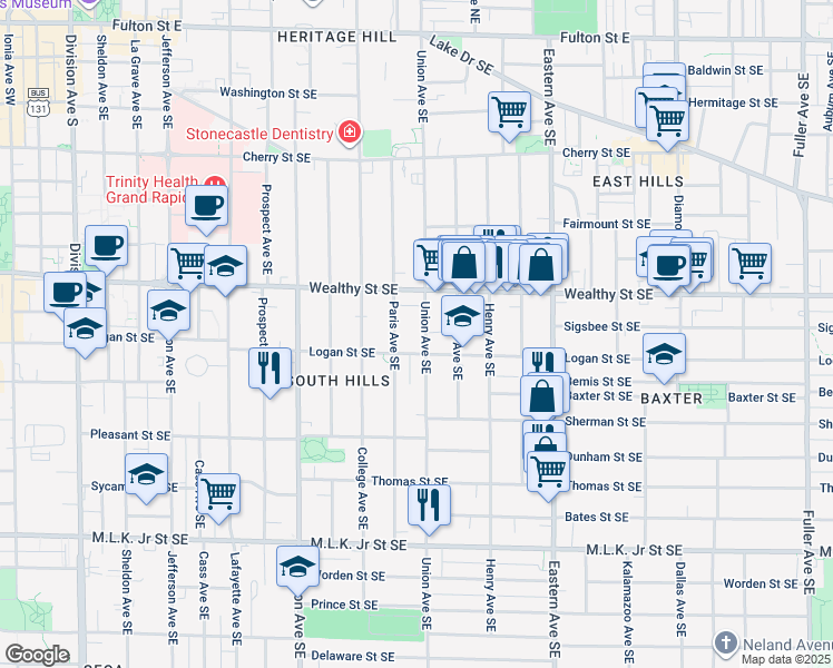 map of restaurants, bars, coffee shops, grocery stores, and more near 441 Union Avenue Southeast in Grand Rapids