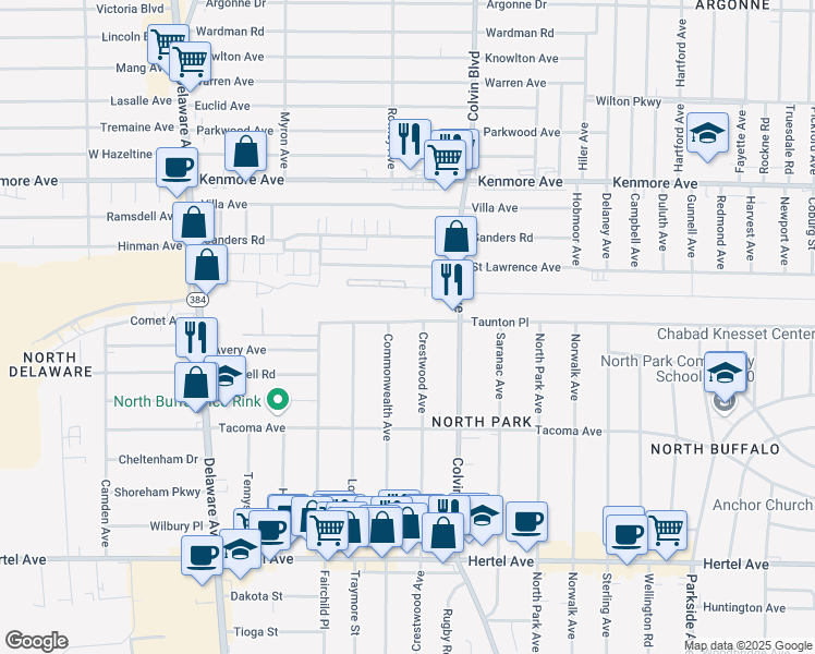 map of restaurants, bars, coffee shops, grocery stores, and more near 91 Taunton Place in Buffalo