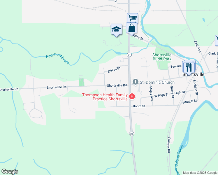 map of restaurants, bars, coffee shops, grocery stores, and more near 129 West Main Street in Shortsville