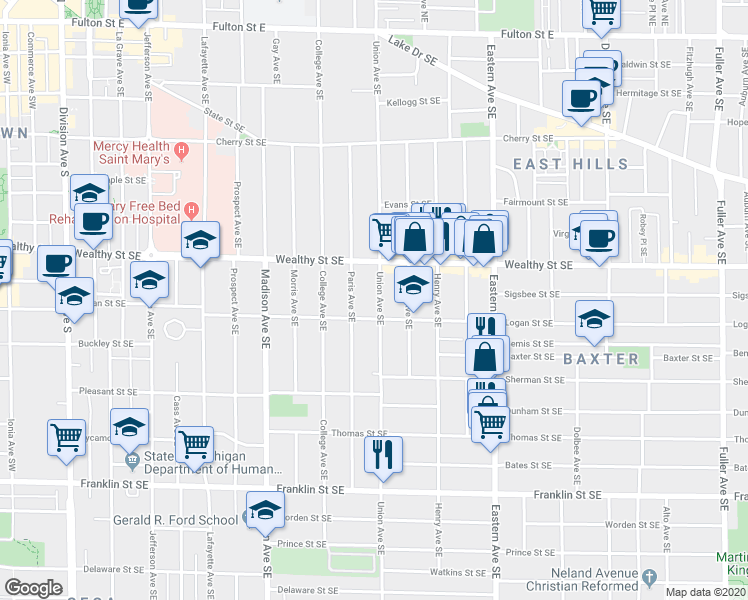 map of restaurants, bars, coffee shops, grocery stores, and more near 441 Union Avenue Southeast in Grand Rapids