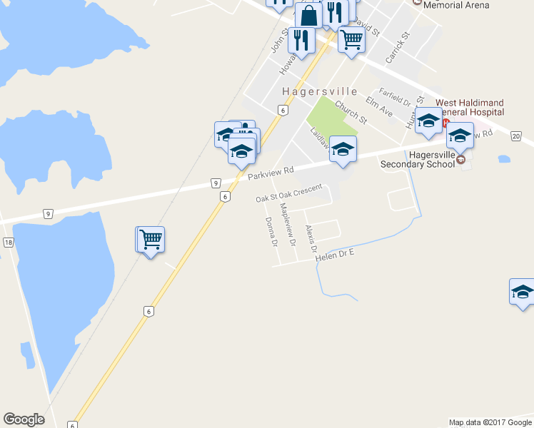 map of restaurants, bars, coffee shops, grocery stores, and more near 6 Donna Drive in Hagersville