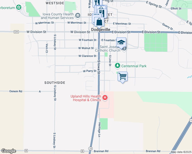 map of restaurants, bars, coffee shops, grocery stores, and more near 616 South Iowa Street in Dodgeville