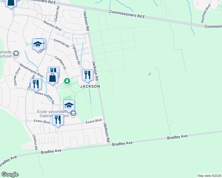 map of restaurants, bars, coffee shops, grocery stores, and more near 2401-2617, 2347-2369 Evans Boulevard in London