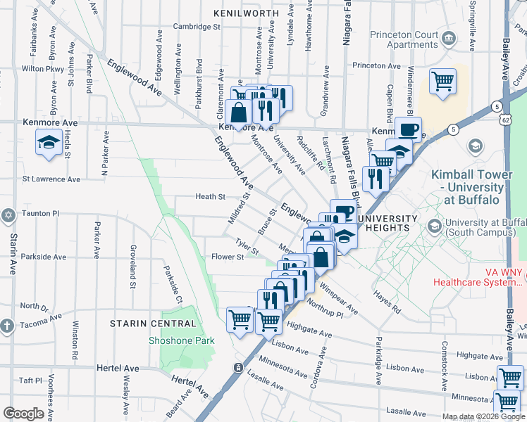 map of restaurants, bars, coffee shops, grocery stores, and more near 131 Heath Street in Buffalo