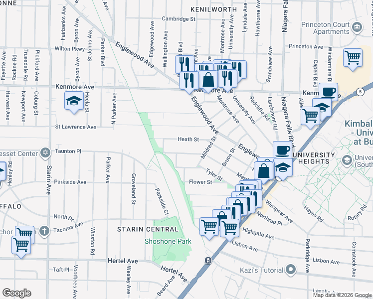 map of restaurants, bars, coffee shops, grocery stores, and more near 218 Merrimac Street in Buffalo