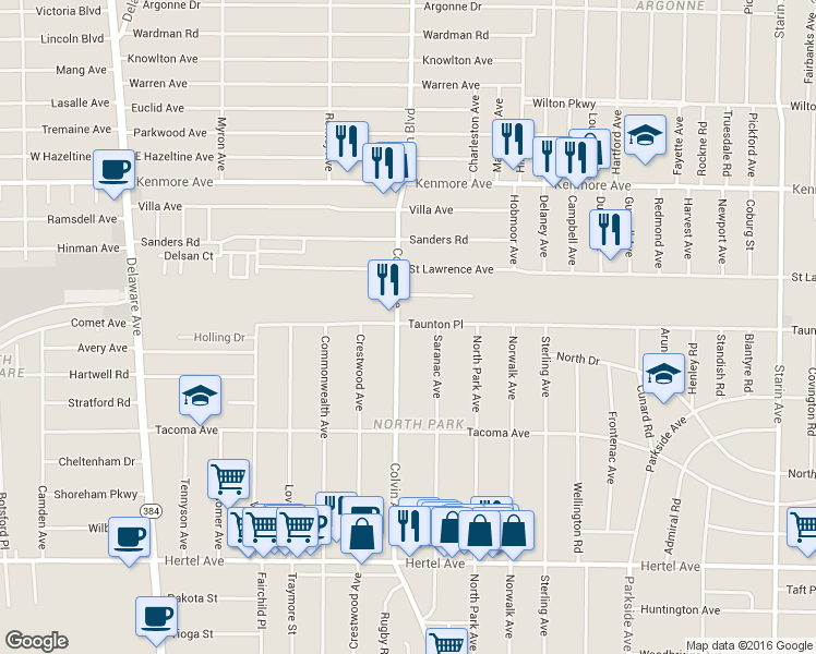 map of restaurants, bars, coffee shops, grocery stores, and more near 294 Saranac Avenue in Buffalo