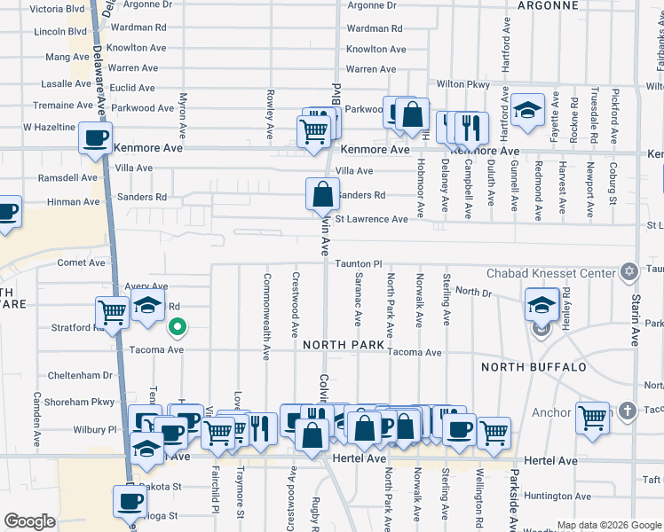 map of restaurants, bars, coffee shops, grocery stores, and more near 294 Saranac Avenue in Buffalo