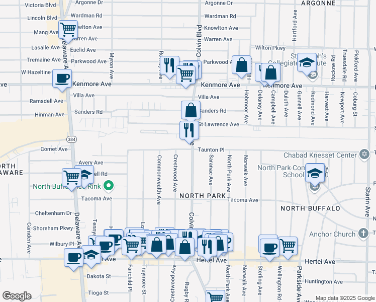 map of restaurants, bars, coffee shops, grocery stores, and more near 485 Colvin Avenue in Buffalo