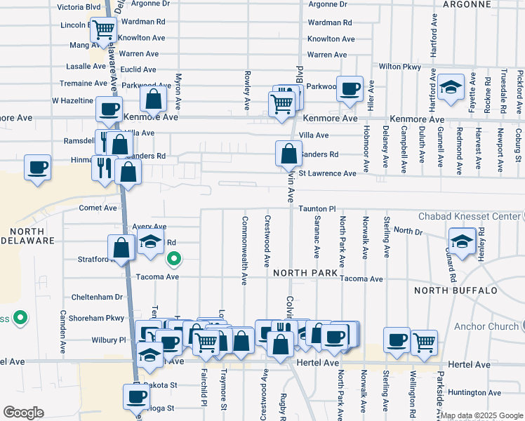 map of restaurants, bars, coffee shops, grocery stores, and more near 324 Crestwood Avenue in Buffalo