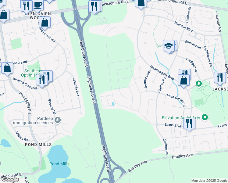 map of restaurants, bars, coffee shops, grocery stores, and more near Highbury Ave S in London