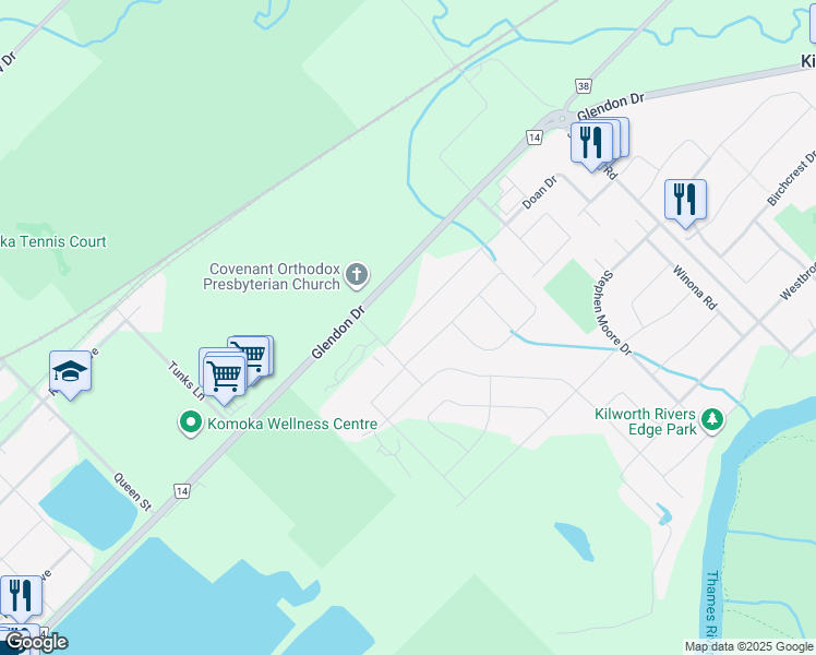 map of restaurants, bars, coffee shops, grocery stores, and more near 383 Daventry Way in Komoka