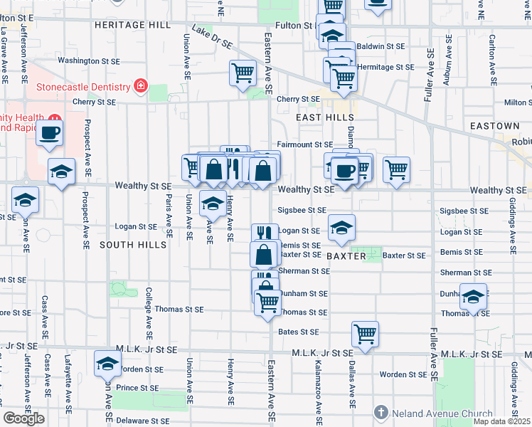 map of restaurants, bars, coffee shops, grocery stores, and more near 743 Logan Street Southeast in Grand Rapids