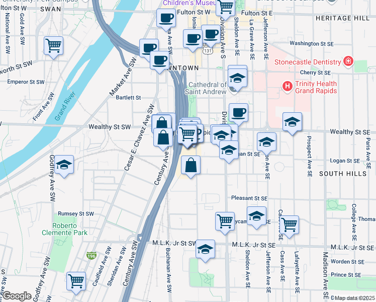 map of restaurants, bars, coffee shops, grocery stores, and more near 435 Ionia Avenue Southwest in Grand Rapids