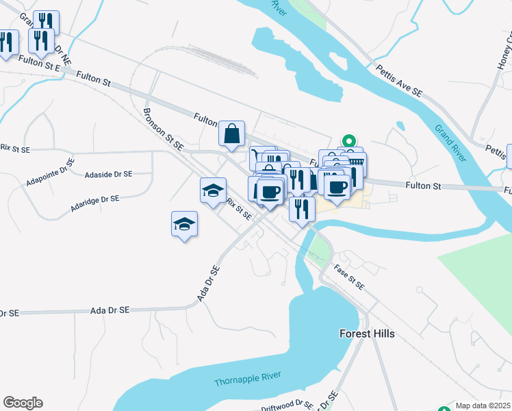 map of restaurants, bars, coffee shops, grocery stores, and more near 7267 Bronson Street Southeast in Ada