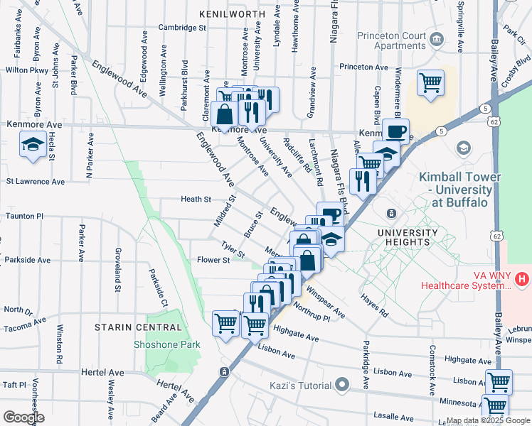 map of restaurants, bars, coffee shops, grocery stores, and more near 116 Englewood Ave in Buffalo