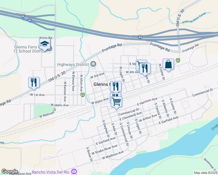 map of restaurants, bars, coffee shops, grocery stores, and more near 86 West Idaho Avenue in Glenns Ferry