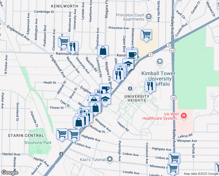 map of restaurants, bars, coffee shops, grocery stores, and more near 12 University Avenue in Buffalo