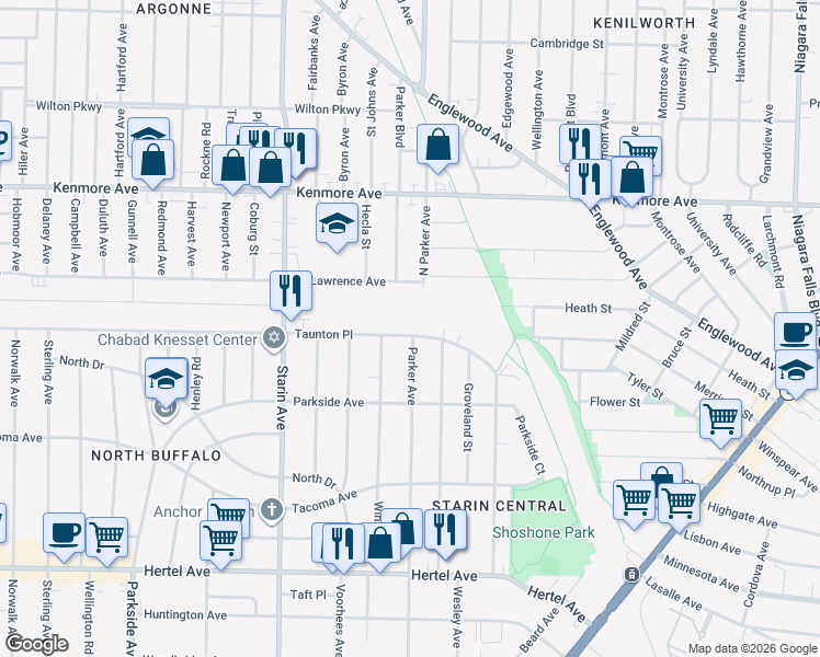 map of restaurants, bars, coffee shops, grocery stores, and more near 680 Taunton Place in Buffalo